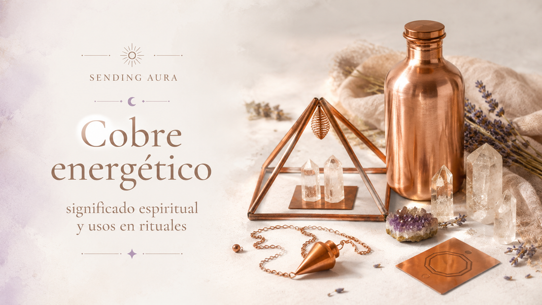Cobre energético: pirámide, péndulo, botella y cristales — Sending Aura