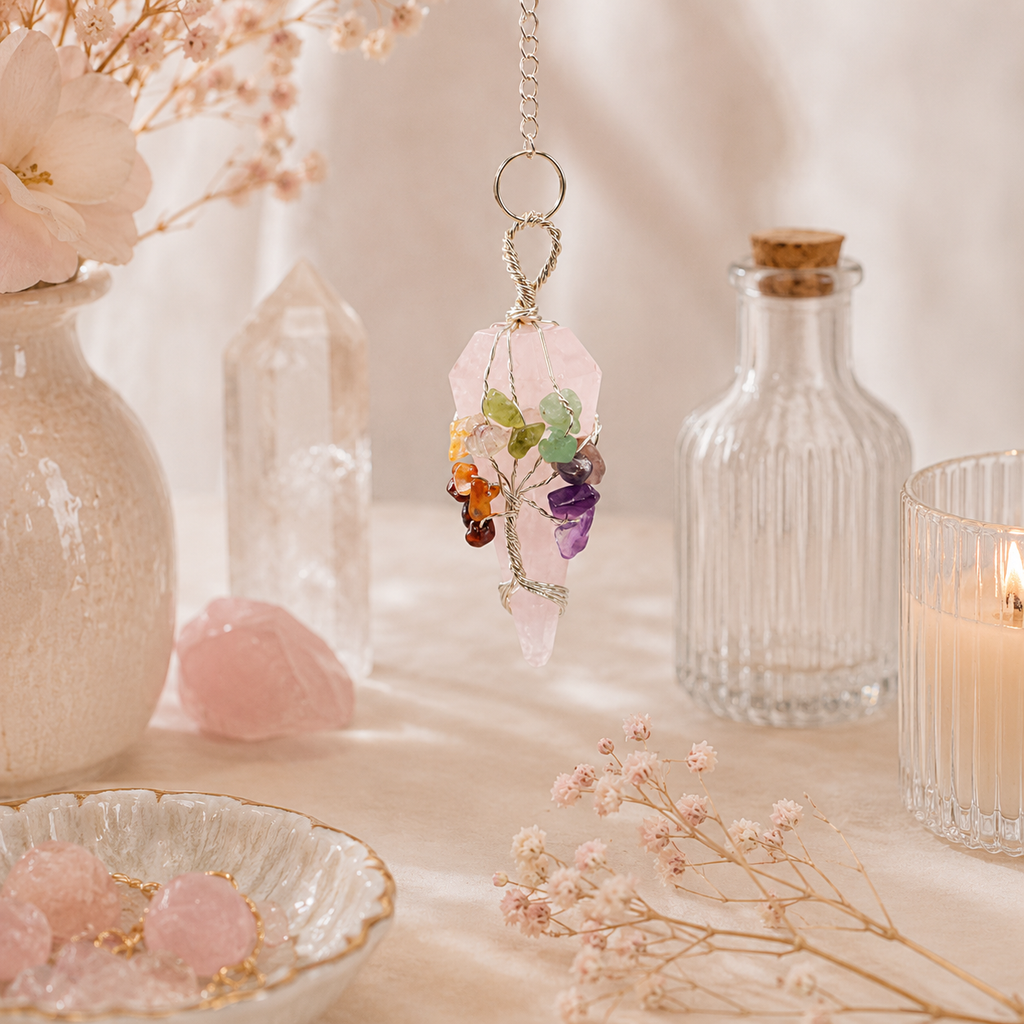 Péndulo de Cuarzo Rosa con Siete Chakras