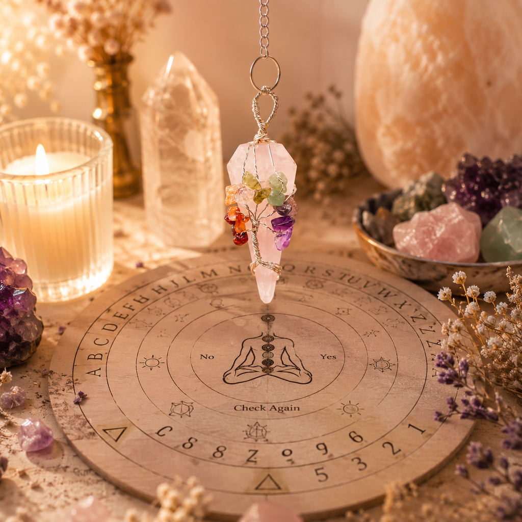 Péndulo de Cuarzo Rosa con Siete Chakras
